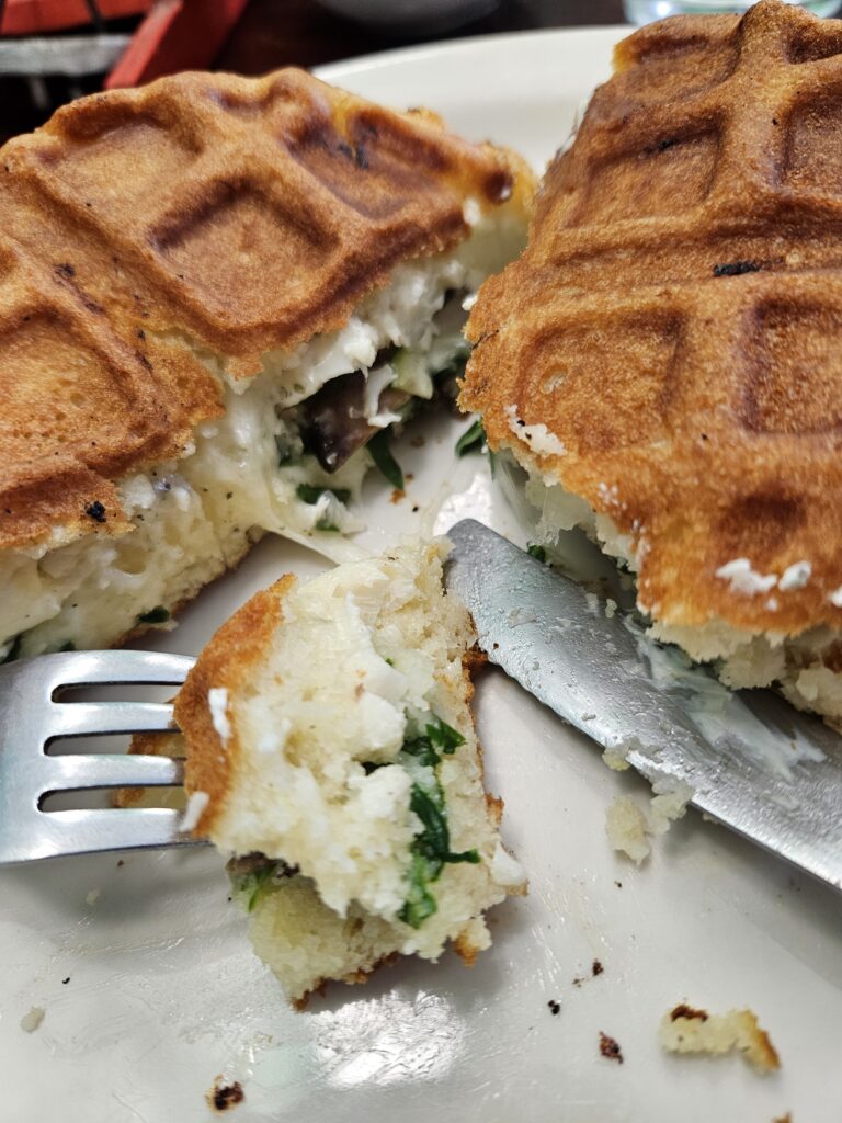 I chose the savoury waffle, filled with spinach and halibut